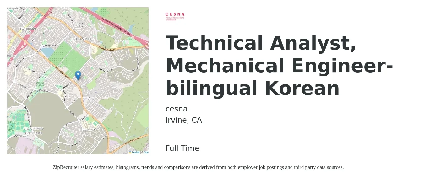 cesna job posting for a Technical Analyst, Mechanical Engineer- bilingual Korean in Irvine, CA with a salary of $72,500 to $107,900 Yearly with a map of Irvine location.