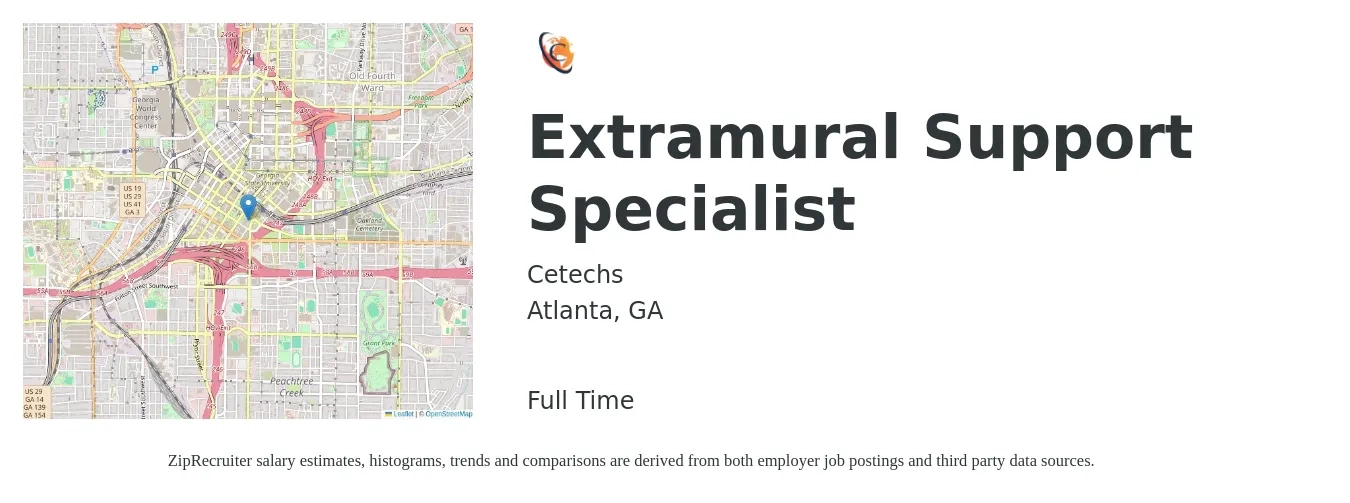 Cetechs job posting for a Extramural Support Specialist in Atlanta, GA with a salary of $17 to $25 Hourly with a map of Atlanta location.