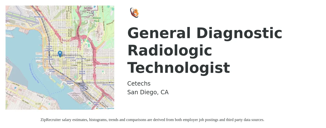 Cetechs job posting for a General Diagnostic Radiologic Technologist in San Diego, CA with a salary of $40 Hourly with a map of San Diego location.