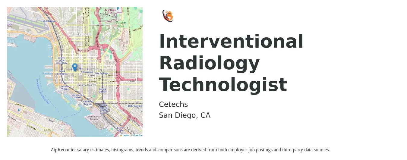 Cetechs job posting for a Interventional Radiology Technologist in San Diego, CA with a salary of $40 Hourly with a map of San Diego location.