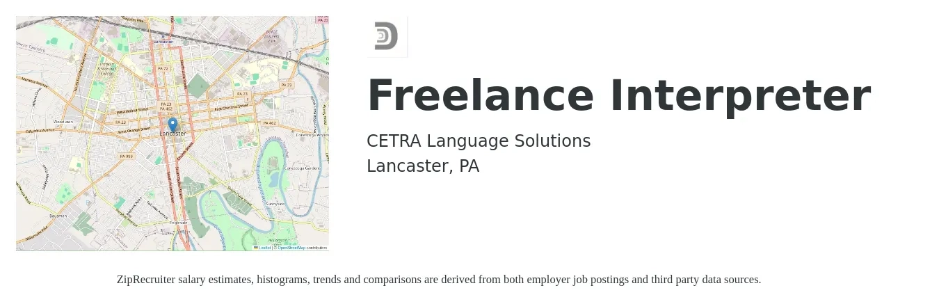 CETRA Language Solutions job posting for a Freelance Interpreter in Lancaster, PA with a salary of $67,100 Yearly with a map of Lancaster location.