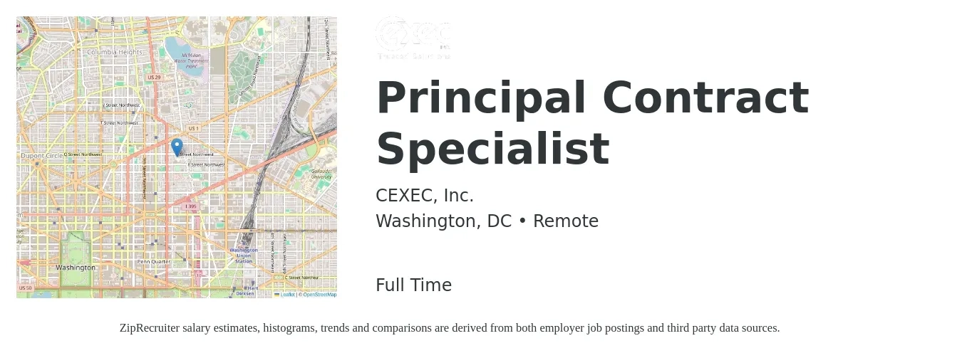 CEXEC, Inc. job posting for a Principal Contract Specialist in Washington, DC with a salary of $64,500 to $111,500 Yearly with a map of Washington location.