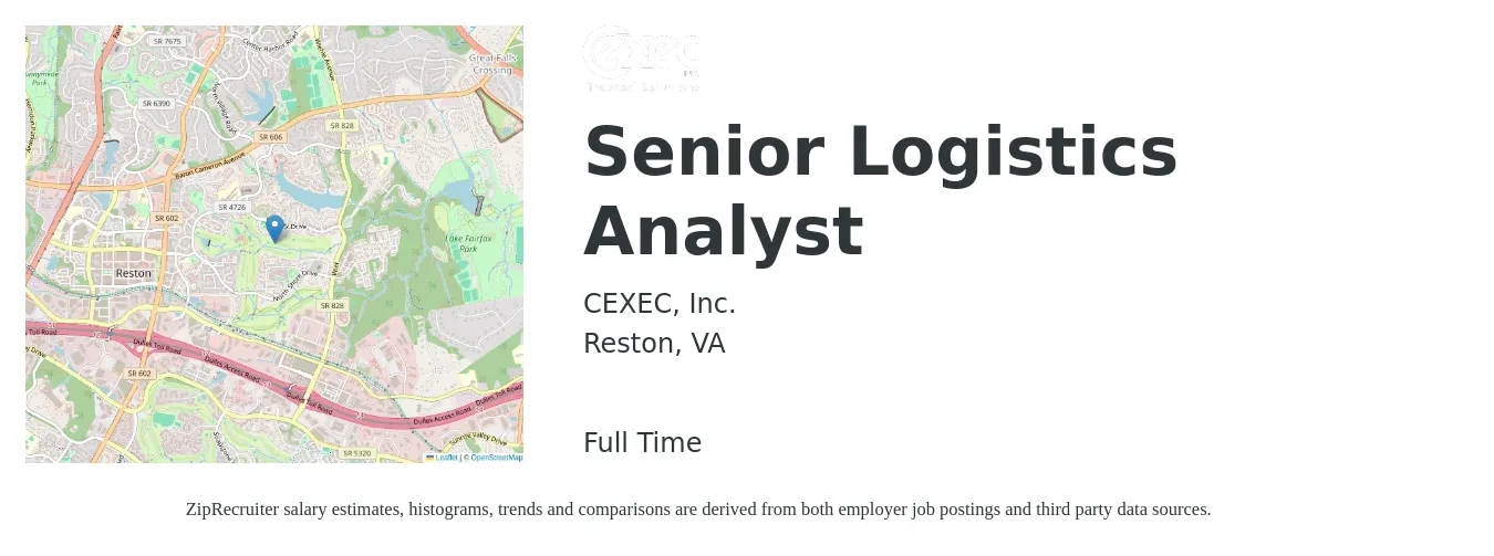 CEXEC, Inc. job posting for a Senior Logistics Analyst in Reston, VA with a salary of $23 to $37 Hourly with a map of Reston location.