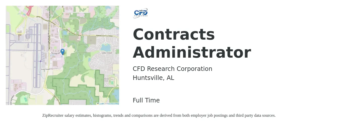 CFD Research Corporation job posting for a Contracts Administrator in Huntsville, AL with a salary of $53,100 to $82,000 Yearly with a map of Huntsville location.