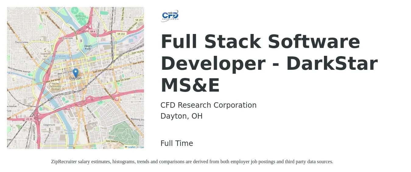CFD Research Corporation job posting for a Full Stack Software Developer - DarkStar MS&E in Dayton, OH with a salary of $48 to $66 Hourly with a map of Dayton location.