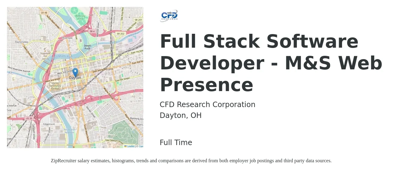 CFD Research Corporation job posting for a Full Stack Software Developer - M&S Web Presence in Dayton, OH with a salary of $48 to $66 Hourly with a map of Dayton location.