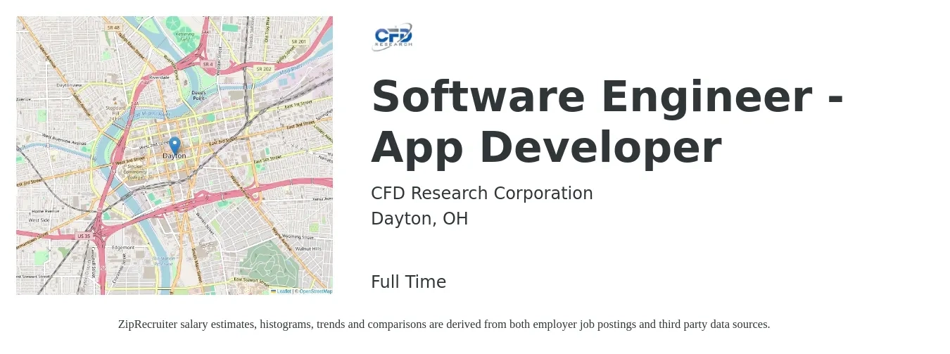 CFD Research Corporation job posting for a Software Engineer - App Developer in Dayton, OH with a salary of $113,900 to $164,100 Yearly with a map of Dayton location.