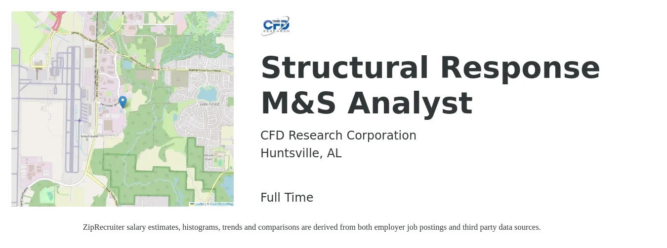 CFD Research Corporation job posting for a Structural Response M&S Analyst in Huntsville, AL with a salary of $53 to $74 Hourly with a map of Huntsville location.