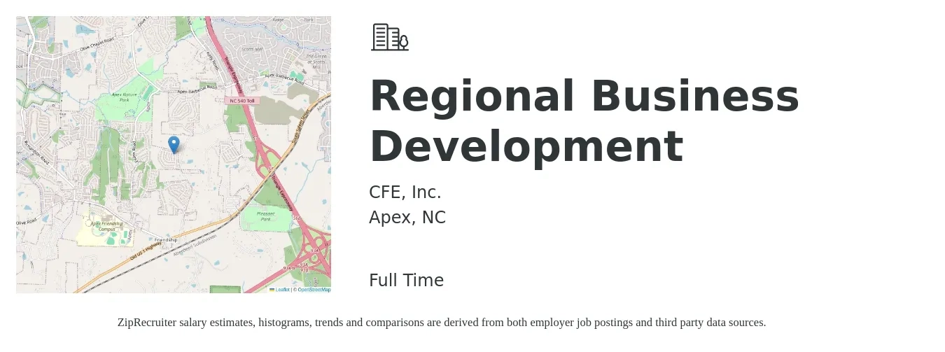 CFE, Inc. job posting for a Regional Business Development in Apex, NC with a salary of $72,300 to $104,100 Yearly with a map of Apex location.