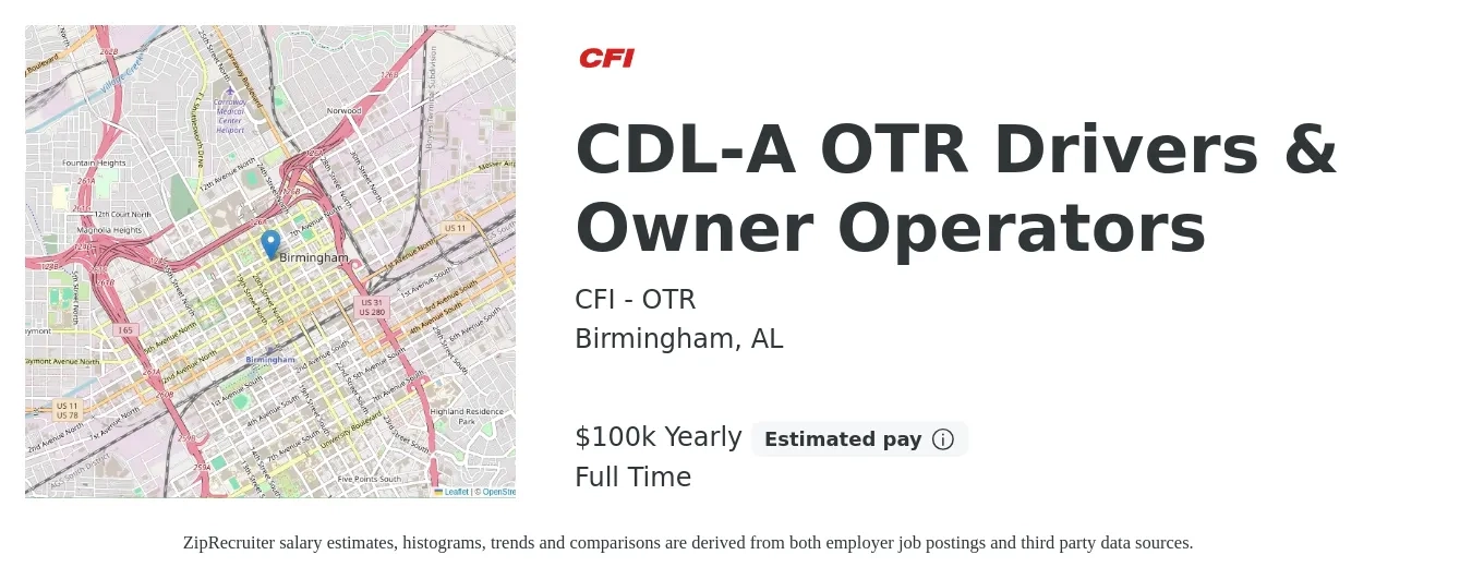 CFI - OTR job posting for a CDL-A OTR Drivers & Owner Operators in Birmingham, AL with a salary of $100,000 Yearly with a map of Birmingham location.