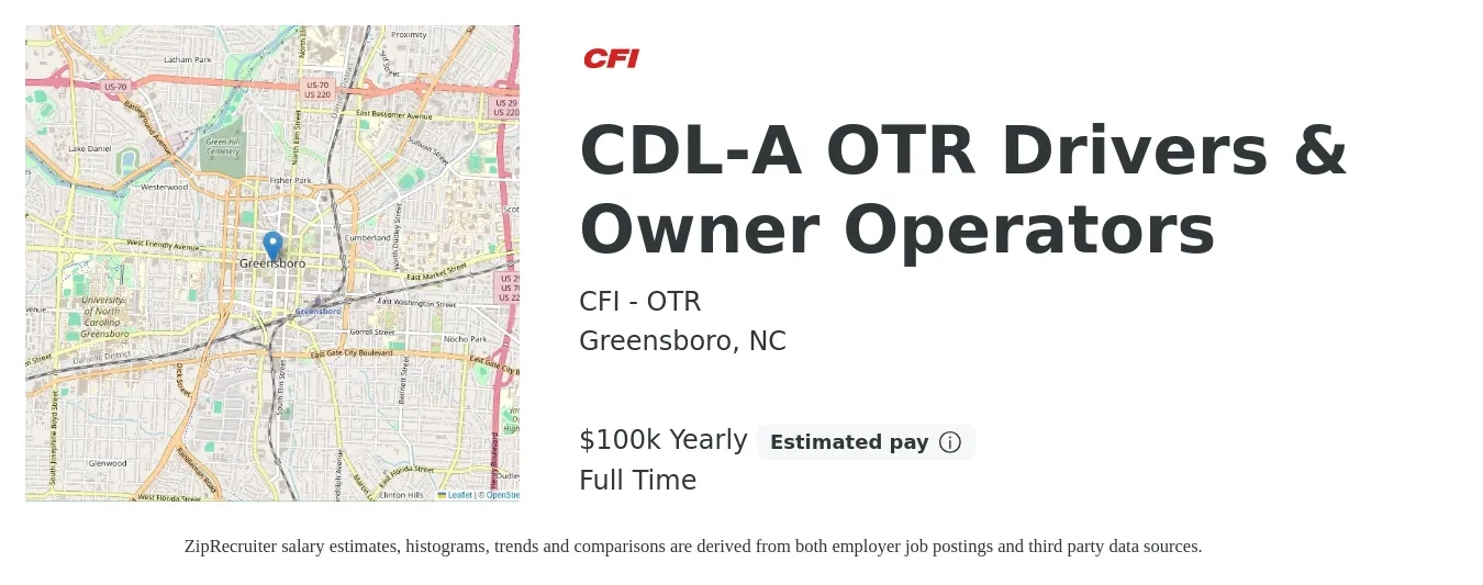 CFI - OTR job posting for a CDL-A OTR Drivers & Owner Operators in Greensboro, NC with a salary of $100,000 Yearly with a map of Greensboro location.