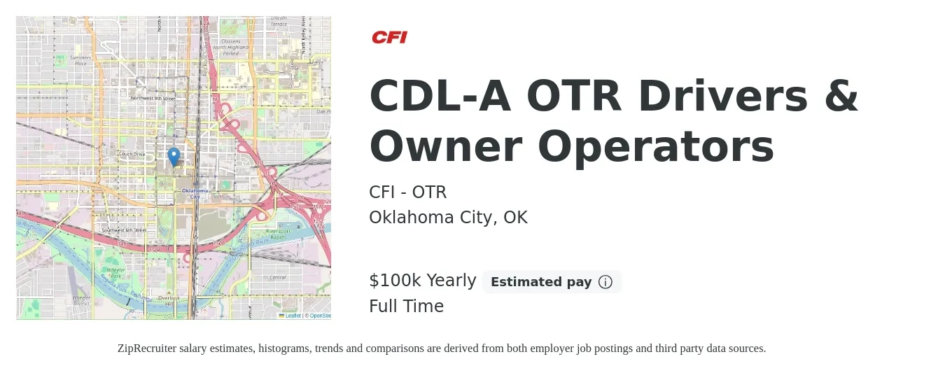 CFI - OTR job posting for a CDL-A OTR Drivers & Owner Operators in Oklahoma City, OK with a salary of $100,000 Yearly with a map of Oklahoma City location.