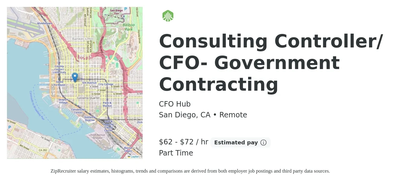 CFO Hub job posting for a Consulting Controller/ CFO- Government Contracting in San Diego, CA with a salary of $65 to $75 Hourly with a map of San Diego location.
