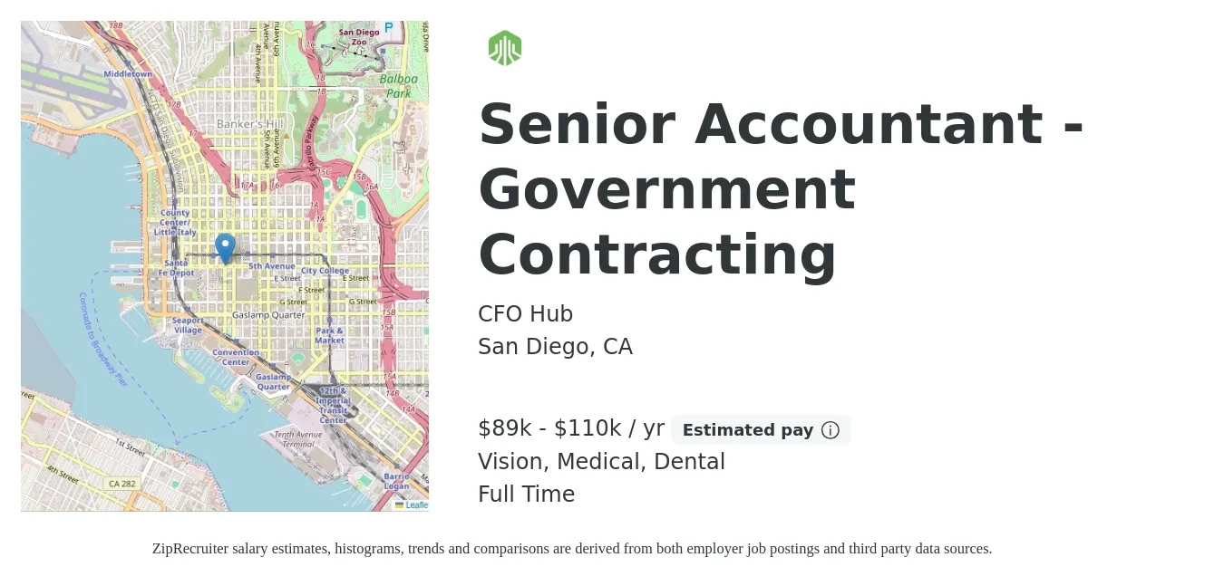 CFO Hub job posting for a Senior Accountant - Government Contracting in San Diego, CA with a salary of $89,000 to $110,000 Yearly and benefits including dental, medical, retirement, and vision with a map of San Diego location.