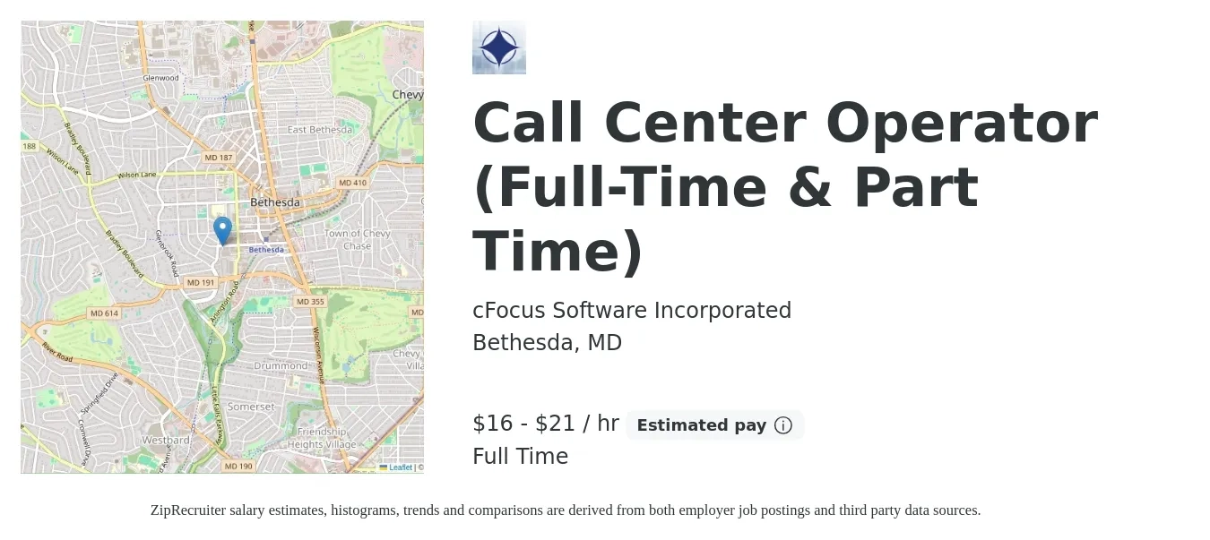 cFocus Software Incorporated job posting for a Call Center Operator (Full-Time & Part Time) in Bethesda, MD with a salary of $17 to $22 Hourly with a map of Bethesda location.