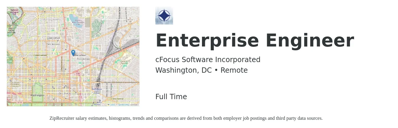 cFocus Software Incorporated job posting for a Enterprise Engineer in Washington, DC with a salary of $169,900 to $192,500 Yearly with a map of Washington location.