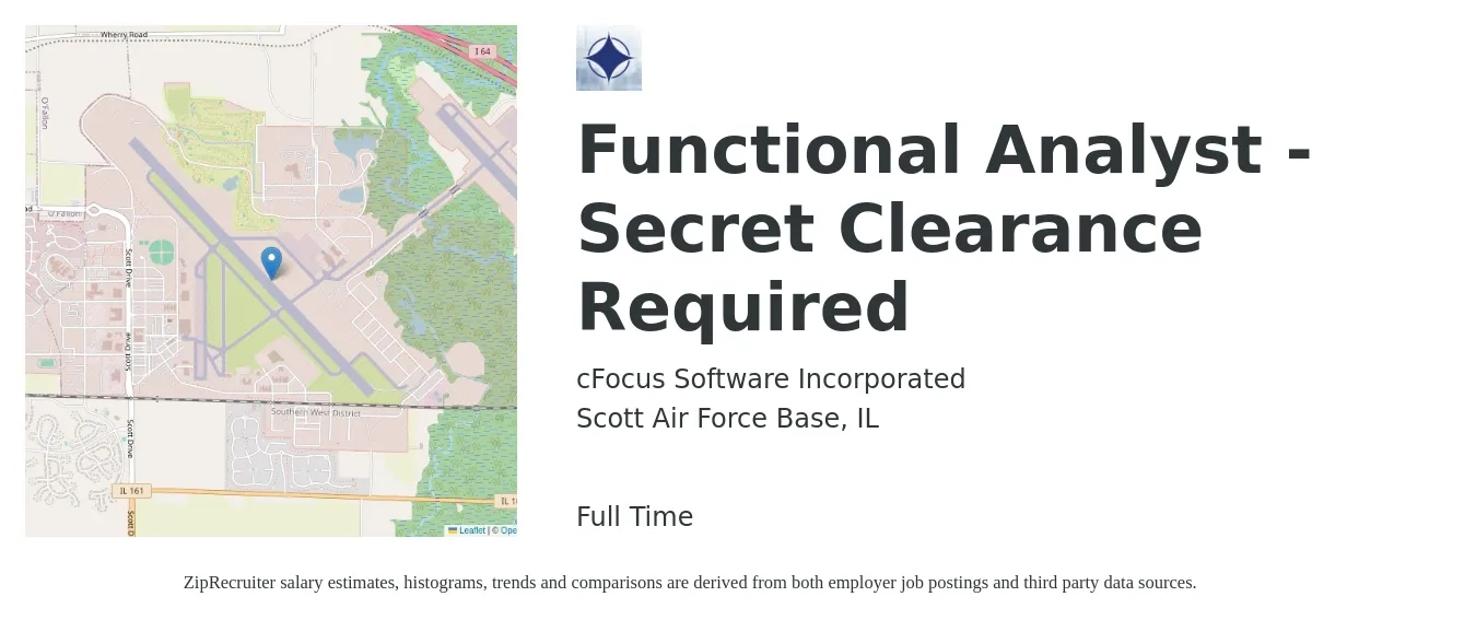 cFocus Software Incorporated job posting for a Functional Analyst - Secret Clearance Required in Scott Air Force Base, IL with a salary of $32 to $64 Hourly with a map of Scott Air Force Base location.