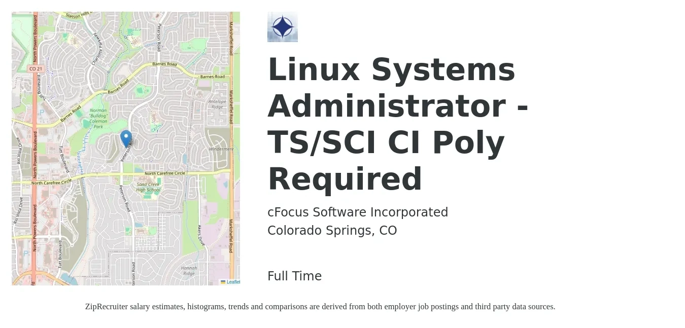 cFocus Software Incorporated job posting for a Linux Systems Administrator - TS/SCI CI Poly Required in Colorado Springs, CO with a salary of $41 to $62 Hourly with a map of Colorado Springs location.