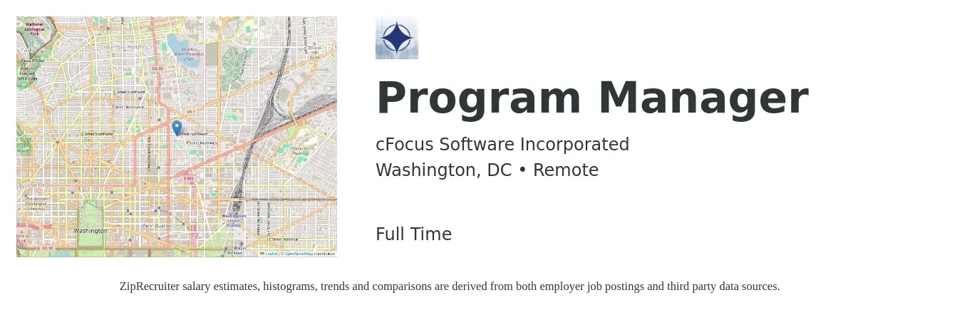 cFocus Software Incorporated job posting for a Program Manager in Washington, DC with a salary of $90,000 to $150,100 Yearly with a map of Washington location.
