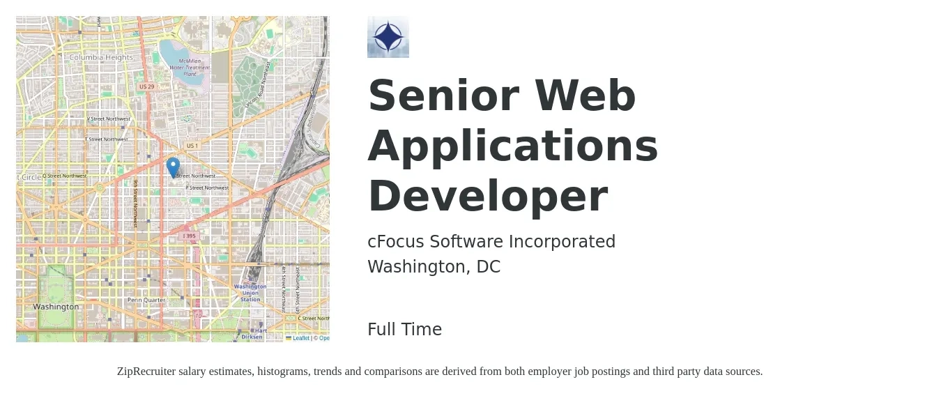 cFocus Software Incorporated job posting for a Senior Web Applications Developer in Washington, DC with a salary of $126,300 to $163,100 Yearly with a map of Washington location.