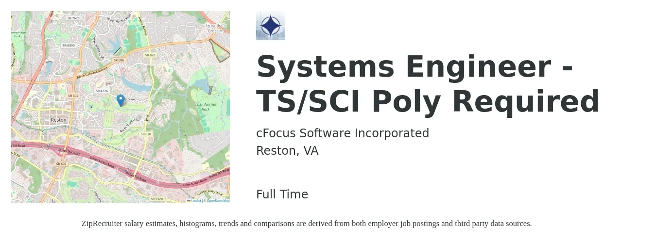cFocus Software Incorporated job posting for a Systems Engineer - TS/SCI Poly Required in Reston, VA with a salary of $102,000 to $163,300 Yearly with a map of Reston location.