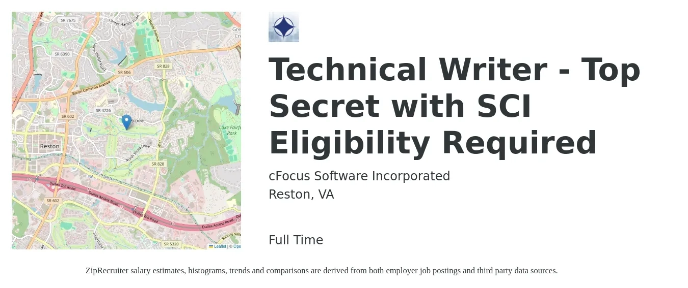 cFocus Software Incorporated job posting for a Technical Writer - Top Secret with SCI Eligibility Required in Reston, VA with a salary of $31 to $51 Hourly with a map of Reston location.