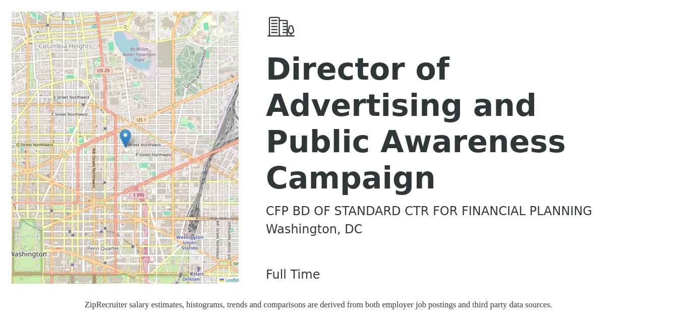 CFP BD OF STANDARD CTR FOR FINANCIAL PLANNING job posting for a Director of Advertising and Public Awareness Campaign in Washington, DC with a salary of $93,400 to $176,100 Yearly with a map of Washington location.