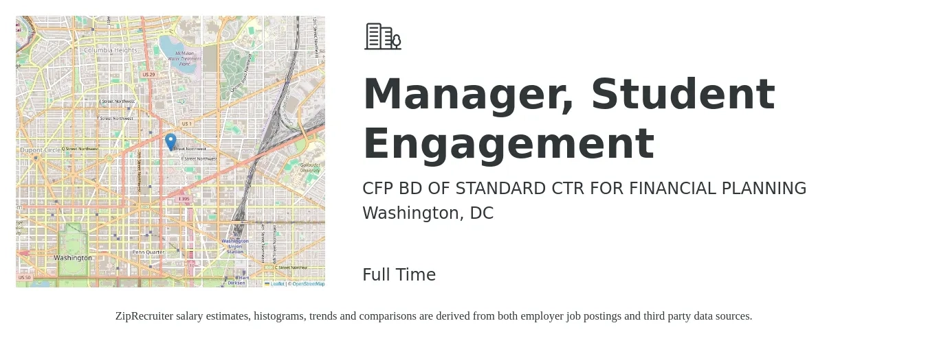 CFP BD OF STANDARD CTR FOR FINANCIAL PLANNING job posting for a Manager, Student Engagement in Washington, DC with a salary of $61,100 to $106,400 Yearly with a map of Washington location.