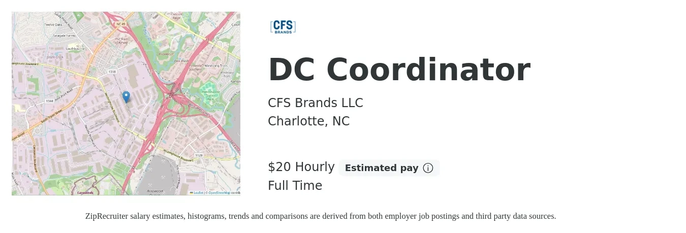CFS Brands LLC job posting for a DC Coordinator in Charlotte, NC with a salary of $21 Hourly with a map of Charlotte location.