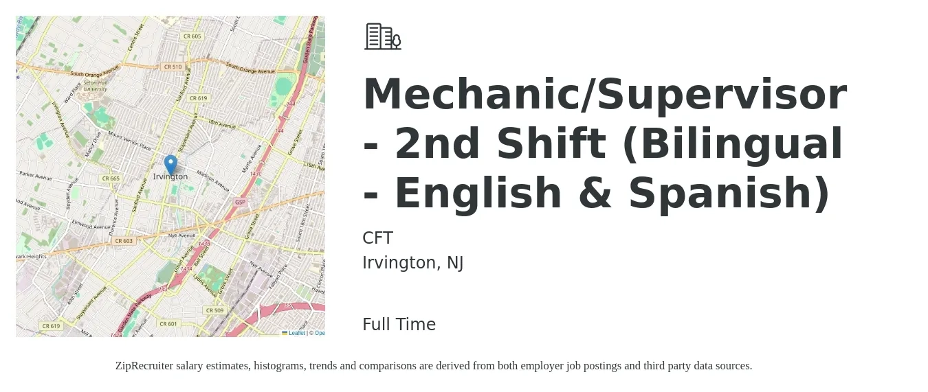 CFT job posting for a Mechanic/Supervisor - 2nd Shift (Bilingual - English & Spanish) in Irvington, NJ with a salary of $25 to $36 Hourly with a map of Irvington location.