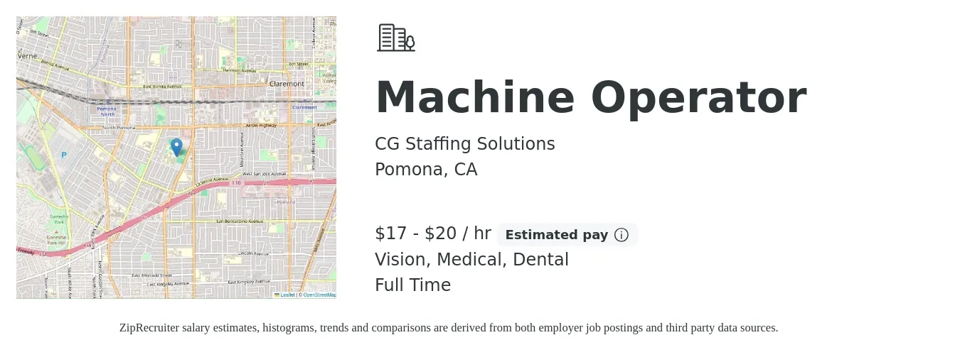 CG Staffing Solutions job posting for a Machine Operator in Pomona, CA with a salary of $18 to $21 Hourly and benefits including vision, dental, life_insurance, medical, and pto with a map of Pomona location.