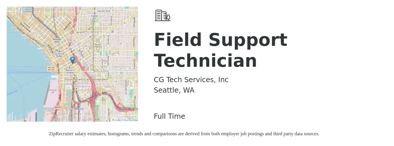 CG Tech Services, Inc job posting for a Field Support Technician in Seattle, WA with a salary of $34,320 Yearly with a map of Seattle location.