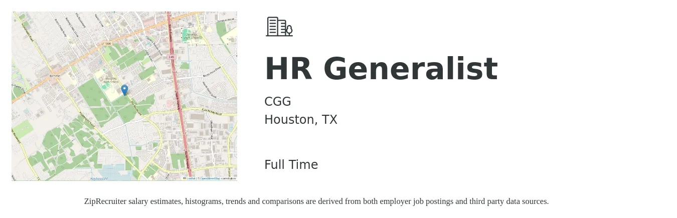 CGG job posting for a HR Generalist in Houston, TX with a salary of $49,700 to $70,700 Yearly with a map of Houston location.
