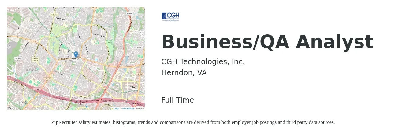 CGH Technologies, Inc. job posting for a Business/QA Analyst in Herndon, VA with a salary of $38 to $56 Hourly with a map of Herndon location.