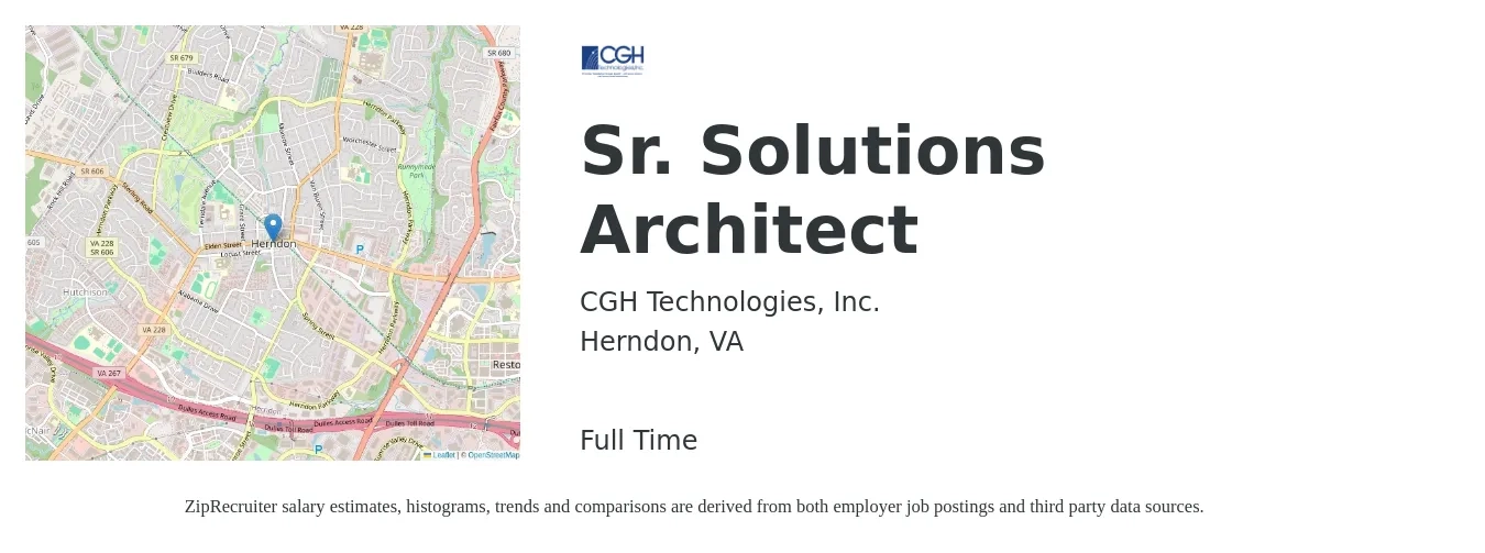 CGH Technologies, Inc. job posting for a Sr. Solutions Architect in Herndon, VA with a salary of $128,900 to $181,300 Yearly with a map of Herndon location.