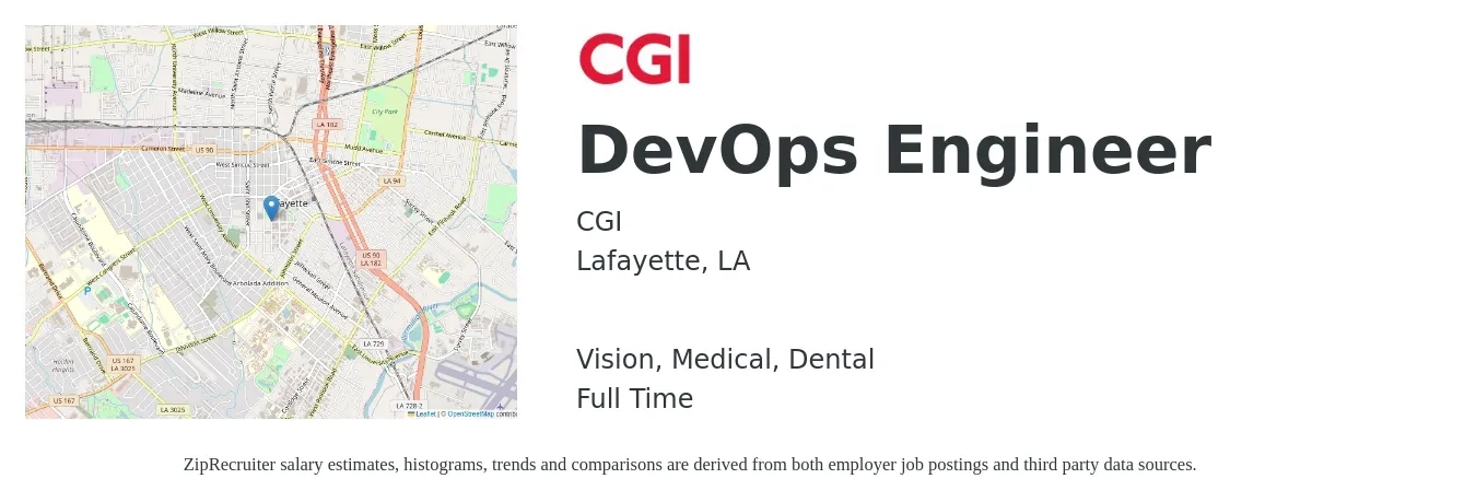 CGI job posting for a DevOps Engineer in Lafayette, LA with a salary of $50 to $69 Hourly and benefits including medical, retirement, vision, dental, and life_insurance with a map of Lafayette location.