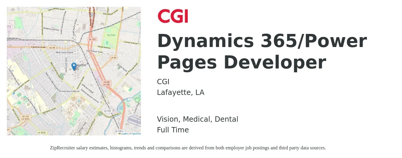 CGI job posting for a Dynamics 365/Power Pages Developer in Lafayette, LA with a salary of $85,900 to $124,100 Yearly and benefits including vision, dental, life_insurance, medical, and retirement with a map of Lafayette location.