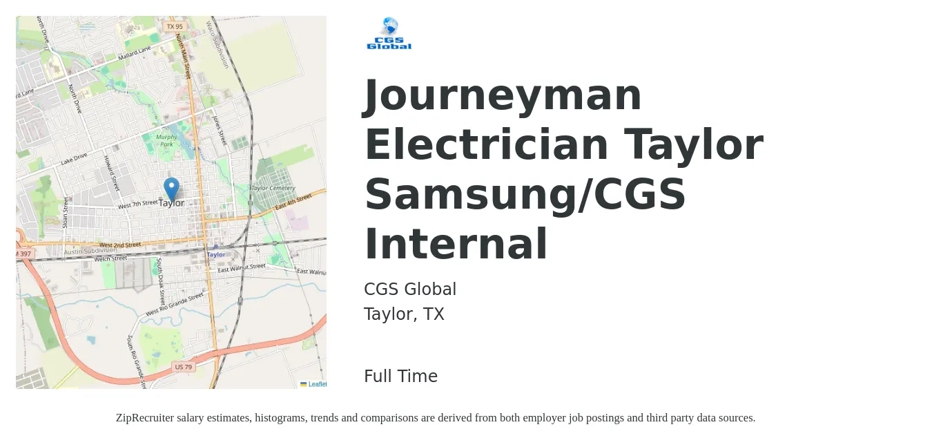 CGS Global job posting for a Journeyman Electrician Taylor Samsung/CGS Internal in Taylor, TX with a salary of $28 to $38 Hourly with a map of Taylor location.