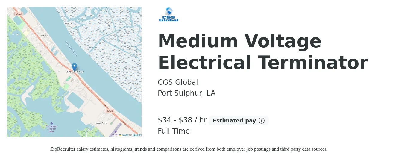 CGS Global job posting for a Medium Voltage Electrical Terminator in Port Sulphur, LA with a salary of $36 to $40 Hourly with a map of Port Sulphur location.