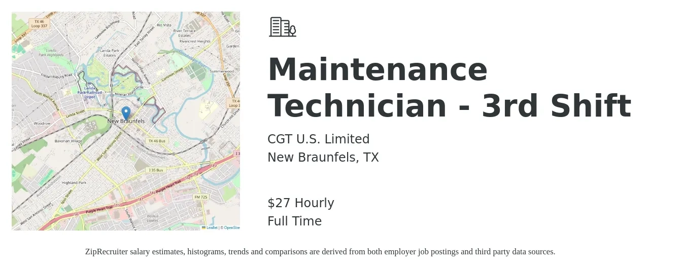 CGT U.S. Limited job posting for a Maintenance Technician - 3rd Shift in New Braunfels, TX with a salary of $29 Hourly with a map of New Braunfels location.