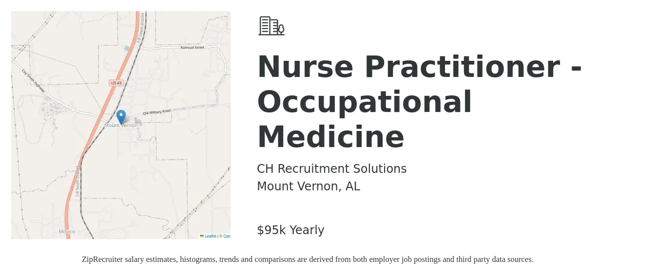 CH Recruitment Solutions job posting for a Nurse Practitioner - Occupational Medicine in Mount Vernon, AL with a salary of $95,000 Yearly with a map of Mount Vernon location.