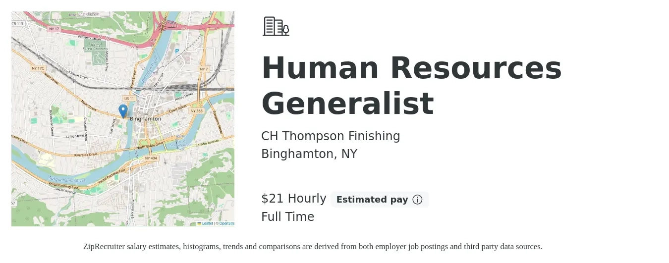 CH Thompson Finishing job posting for a Human Resources Generalist in Binghamton, NY with a salary of $22 Hourly with a map of Binghamton location.