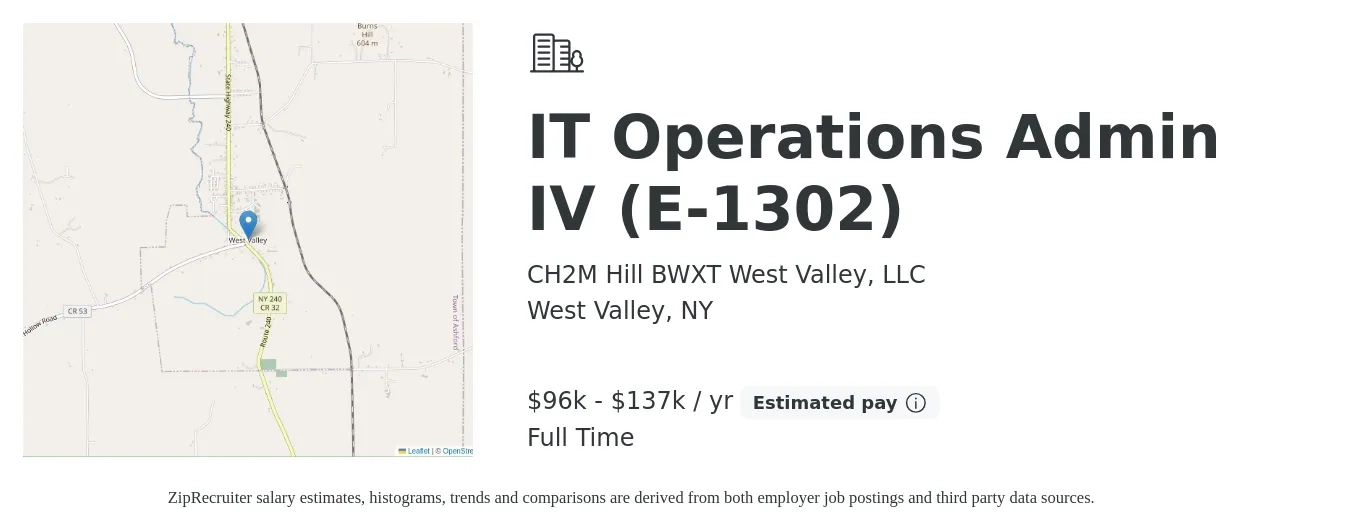 CH2M Hill BWXT West Valley, LLC job posting for a IT Operations Admin IV (E-1302) in West Valley, NY with a salary of $96,090 to $137,956 Yearly with a map of West Valley location.