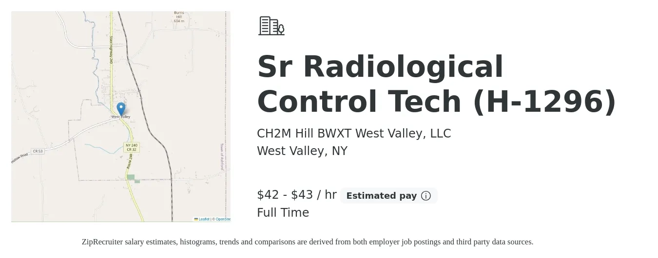 CH2M Hill BWXT West Valley, LLC job posting for a Sr Radiological Control Tech (H-1296) in West Valley, NY with a salary of $44 to $46 Hourly with a map of West Valley location.