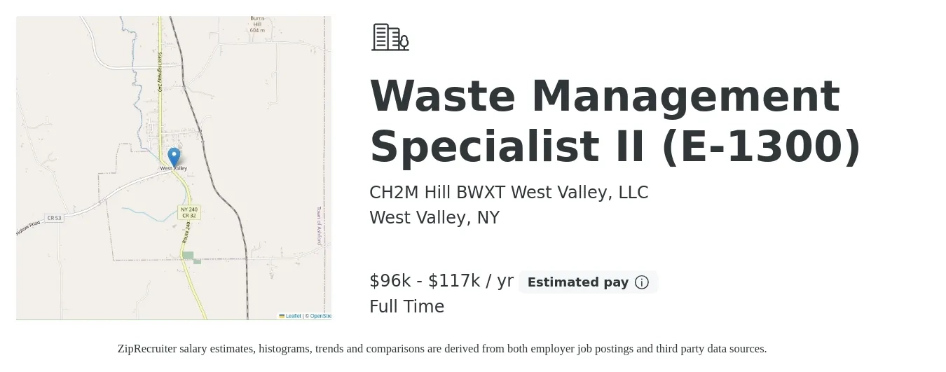 CH2M Hill BWXT West Valley, LLC job posting for a Waste Management Specialist II (E-1300) in West Valley, NY with a salary of $96,090 to $117,449 Yearly with a map of West Valley location.