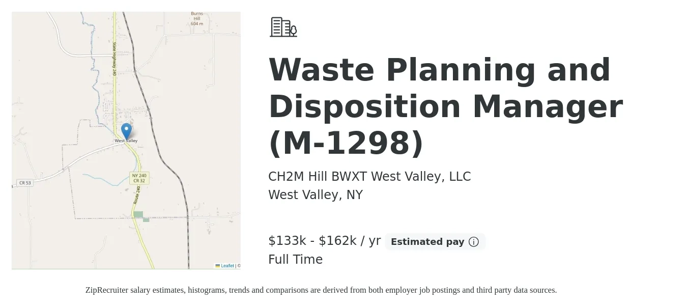 CH2M Hill BWXT West Valley, LLC job posting for a Waste Planning and Disposition Manager (M-1298) in West Valley, NY with a salary of $133,120 to $162,708 Yearly with a map of West Valley location.