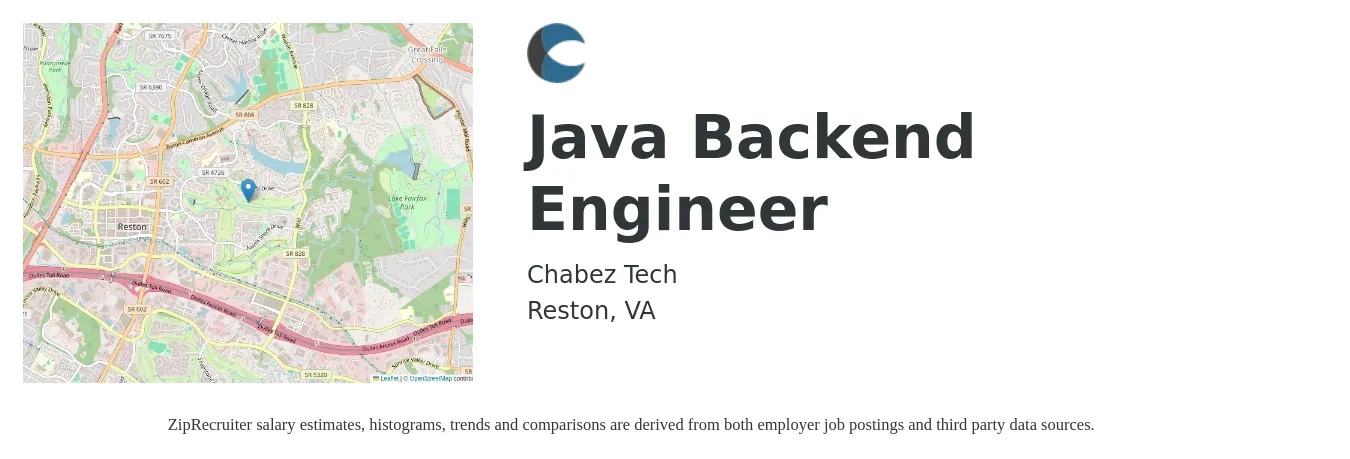 Chabez Tech job posting for a Java Backend Engineer in Reston, VA with a salary of $53 to $68 Hourly with a map of Reston location.