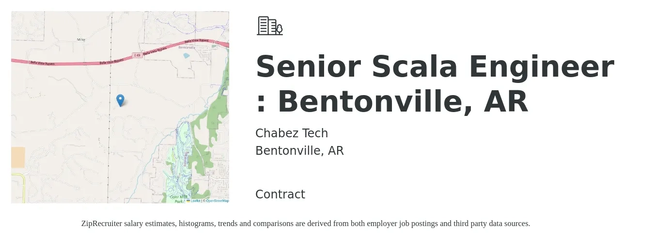Chabez Tech job posting for a Senior Scala Engineer : Bentonville, AR in Bentonville, AR with a salary of $91,600 to $125,800 Yearly with a map of Bentonville location.