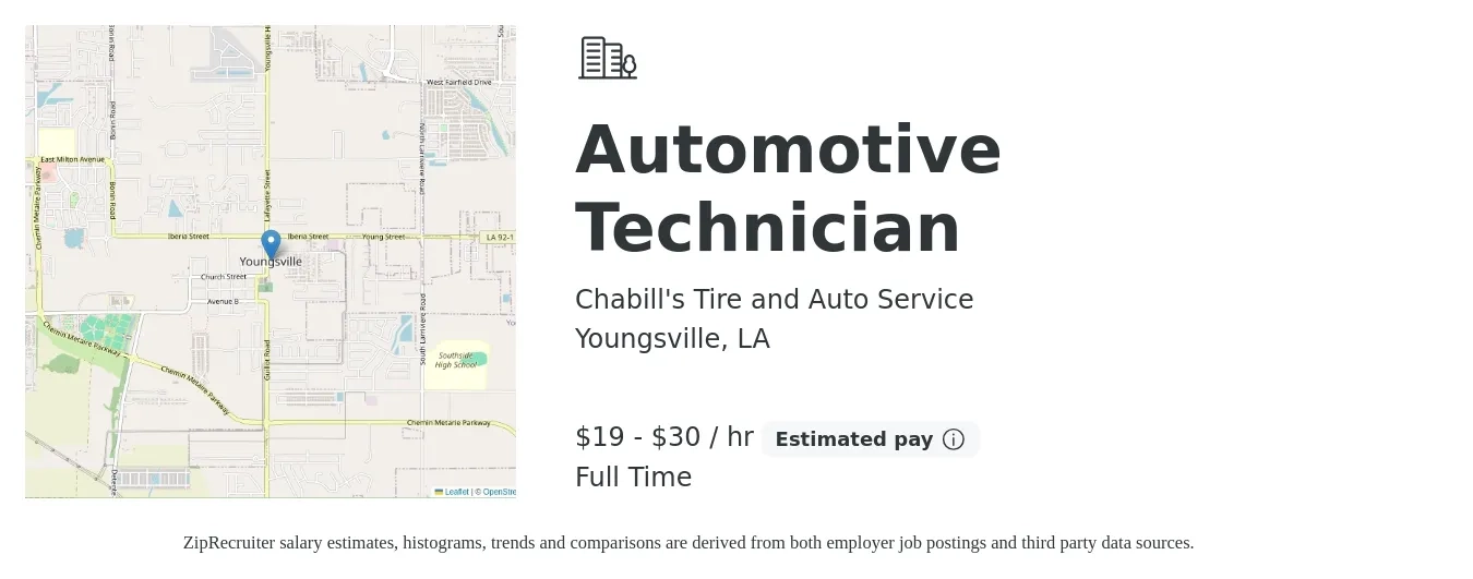 Chabill's Tire and Auto Service job posting for a Automotive Technician in Youngsville, LA with a salary of $20 to $32 Hourly with a map of Youngsville location.