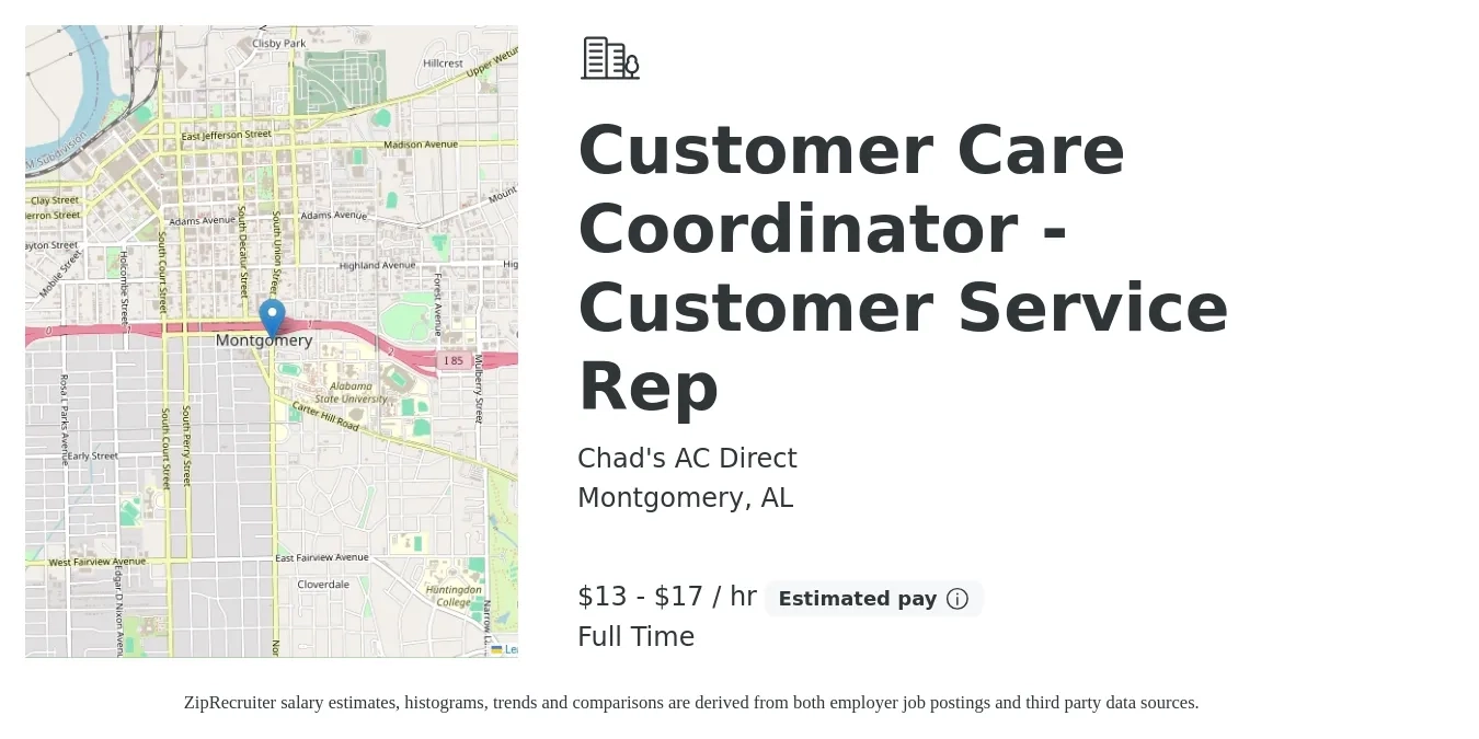 Chad's AC Direct job posting for a Customer Care Coordinator - Customer Service Rep in Montgomery, AL with a salary of $14 to $18 Hourly with a map of Montgomery location.